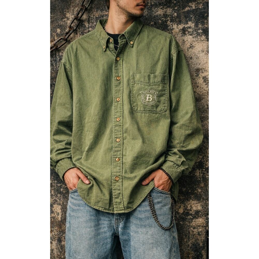 90's Bugle Boy Co Y2K Button Down Shirt Mens L Green Crest Logo Cotton‎ Grunge